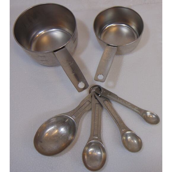 6 Piece Baking Measuring Set Aluminum Stainless Foley Cups Graduated 4 Spoon VTG - Picture 1 of 9